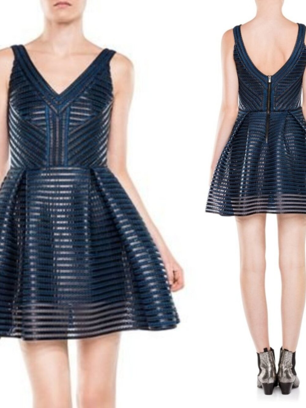 Maje Rosemount Mesh Stripe Blue Black Fit & Flare Sleeveless Pleat Mini Dress S